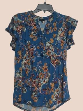 Ava & Grace Blue Floral Paisley Flutter Sleeve Blouse